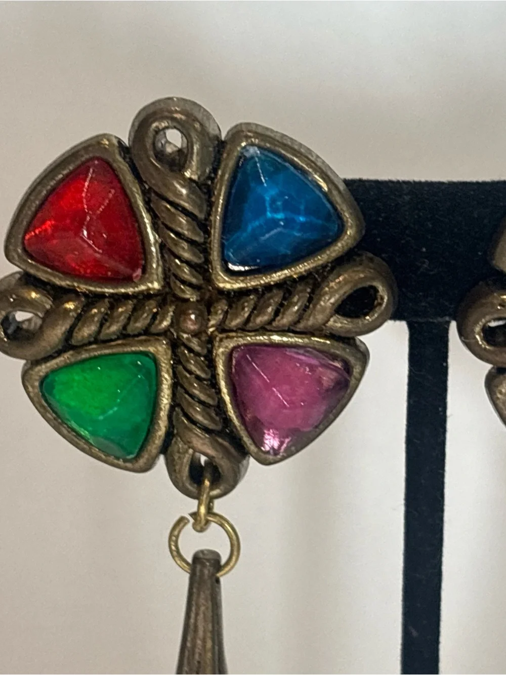 80s Glam Bold Clip-On Earrings‎ Retro Multi-Color Gem & Pearl Dangle